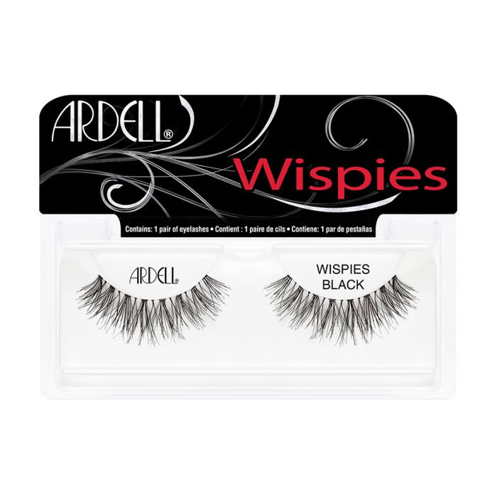 A closeup shot of Ardell Wispies showing its rounded lash style that is shorter at the inner and outer corner in a sealed pack