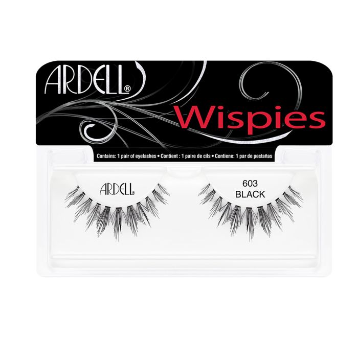 A pair of Ardell Wispies Clusters 603 Striplash  inside its retail packaging with product text
