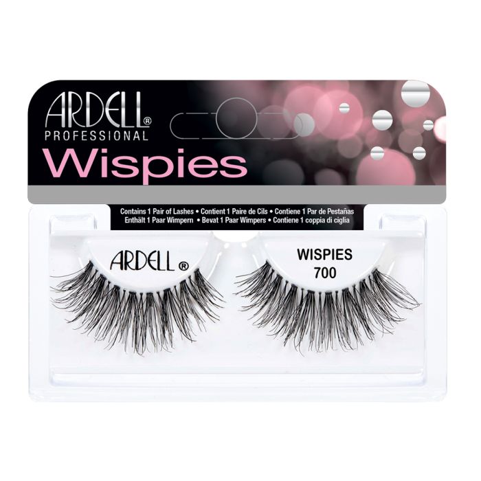 A pair of Ardell Wispies 700 in a single pack retail lash package with text on the box