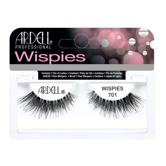 A single pair of Ardell Wispies 701 inside its wall-hook ready retail packaging with some text written on it