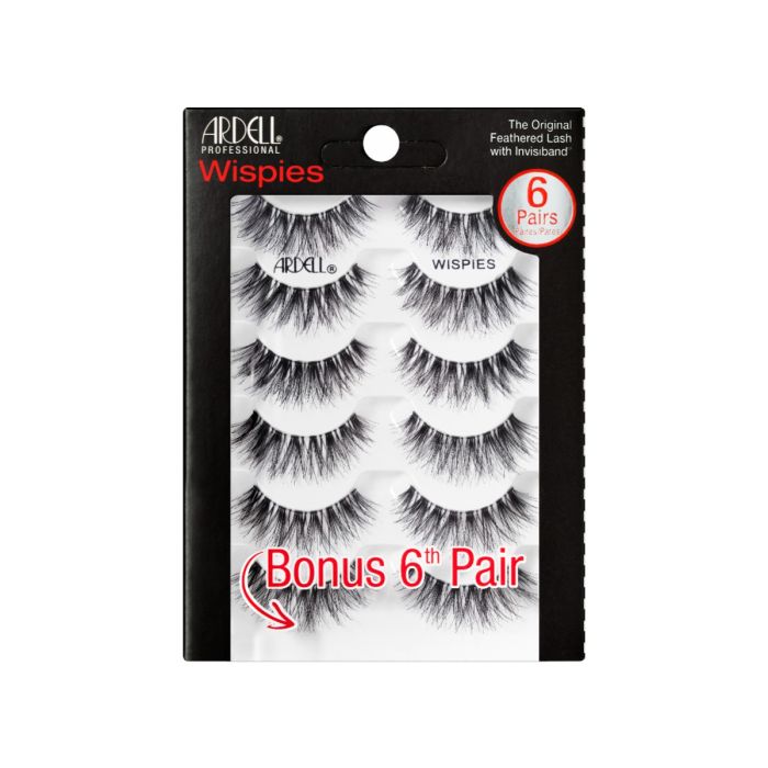 Ardell Wispies showing its rounded lash style that is shorter at the inner and outer corner in sealed 6-packs retail packaging