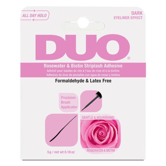 Front view of DUO® Rosewater & Biotin Striplash Adhesive wall-hook ready packaging with printed label text