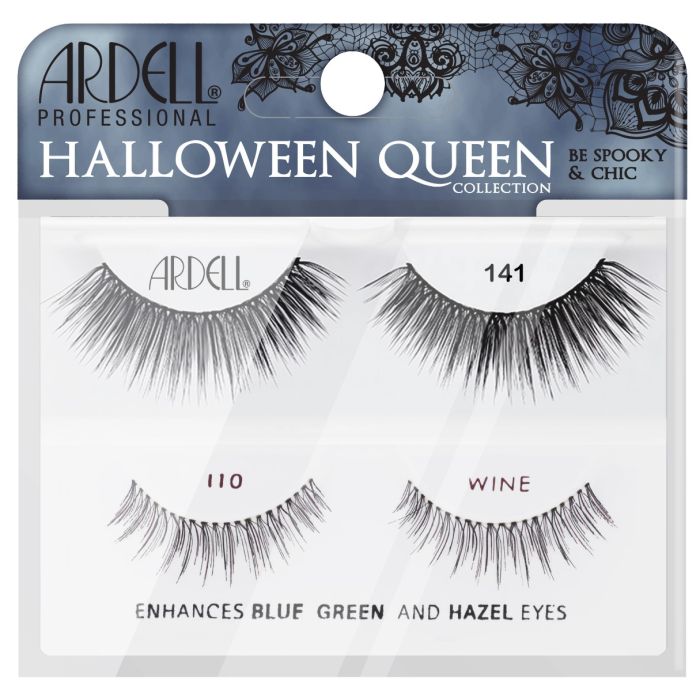 Front side view of Ardell Halloween Queen 2 Pack 110 Wine & 141 retail packaging displaying 2 pairs of labeled false lashes