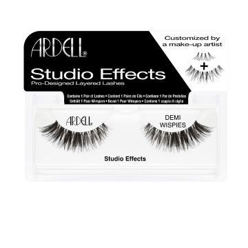 A pair of Ardell Studio Effects Demi Wispies in its retail packaging with some texts on the box