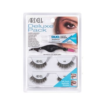 Set of Ardell Deluxe Pack 105 featuring two pairs of lashes, DUO adhesive & soft-touch applicator inside its retail packaging